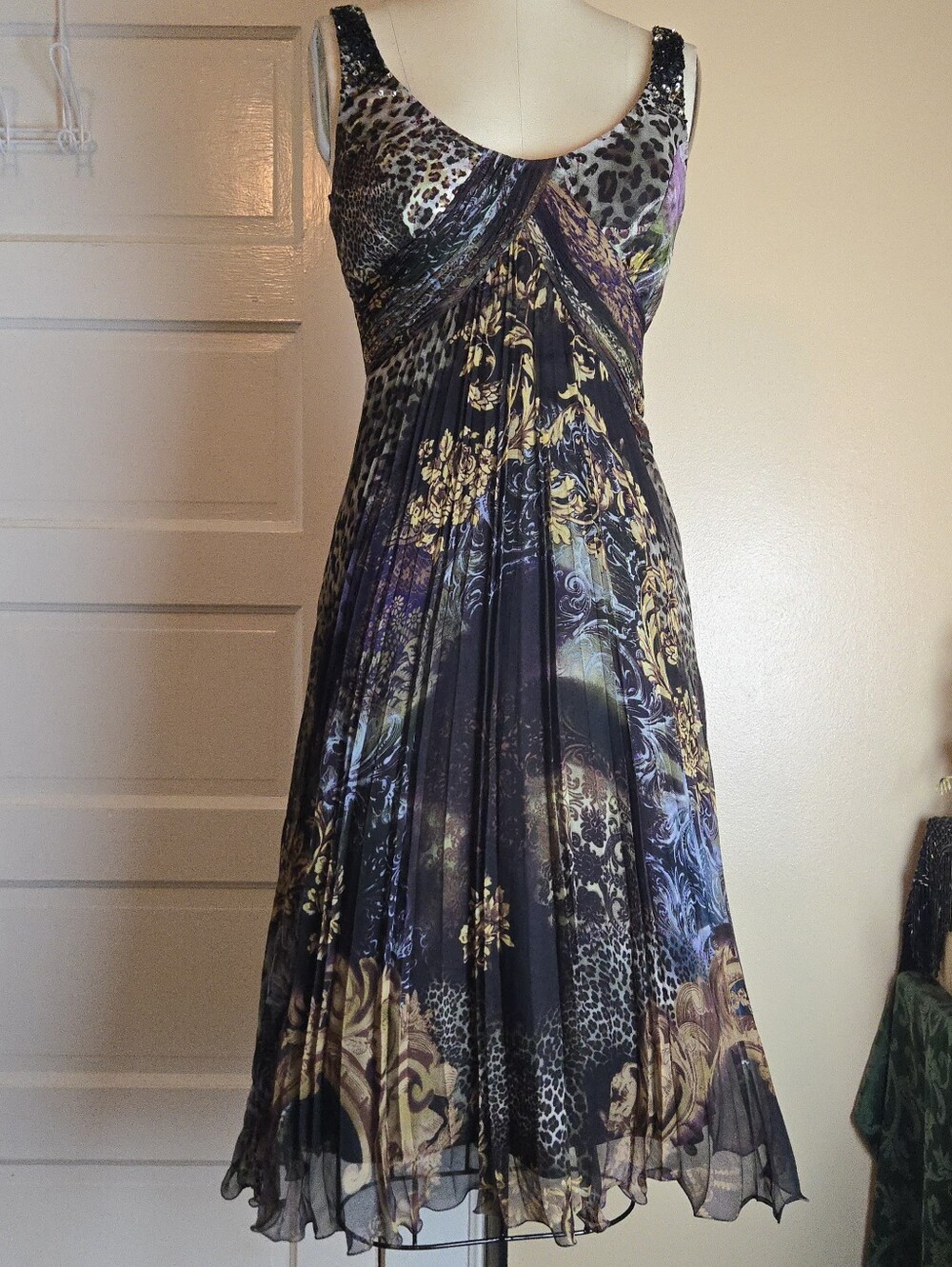 Diane Freis Leopard Floral Purple Gold Printed Silk Blend Chiffon Midi Dress